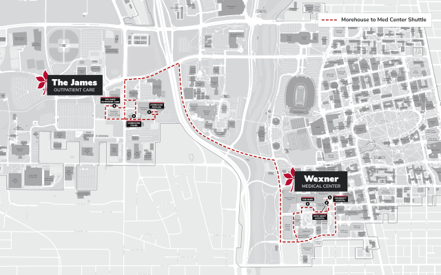 Map showing bus route from The James Outpatient Center to Wexner Medical Center
