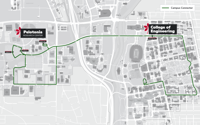 Campus map showing bus route from Pelotonia to the College of Engineering