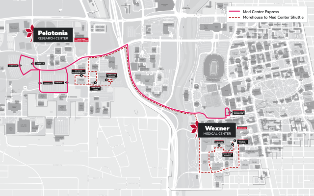 Map showing bus routes from Pelotonia to the Wexner Medical Center.