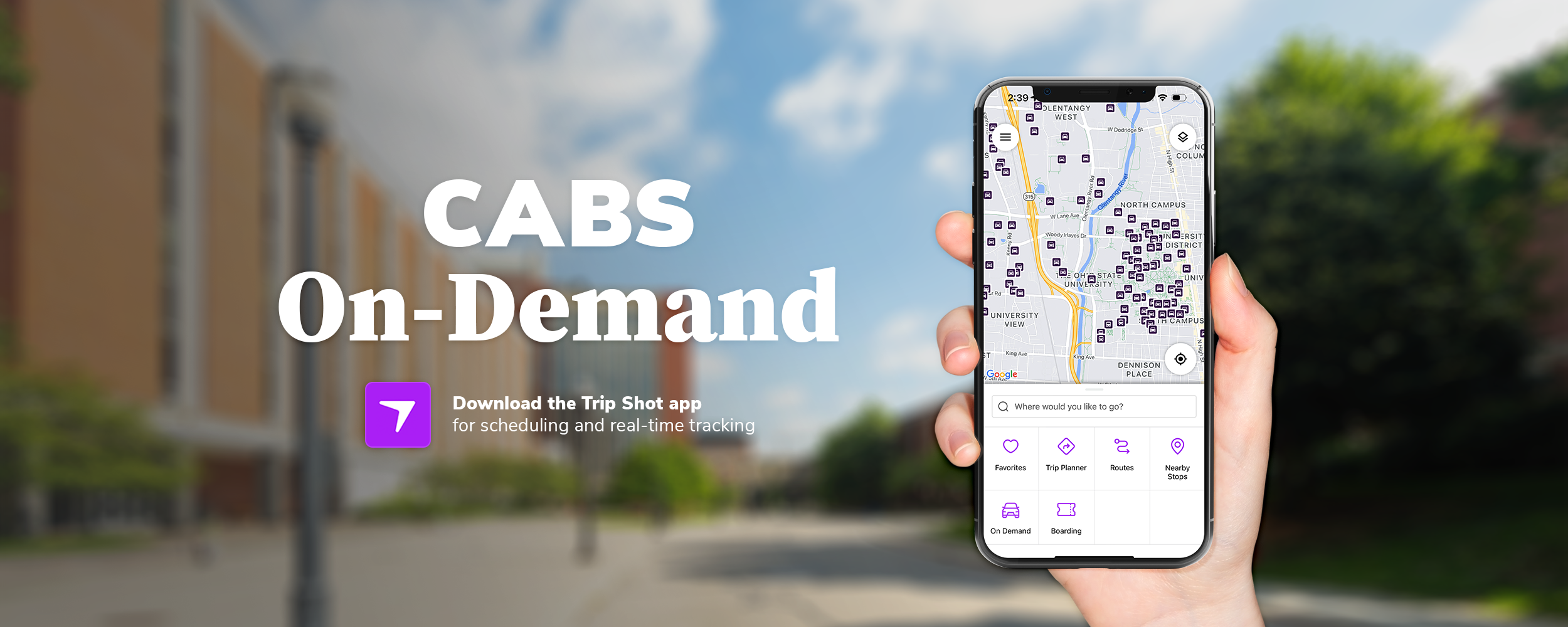 Web banner with text "CABS On-Demand: Download the Trip Shot app for scheduling and real-time tracking" and an app mockup on a cell phone.