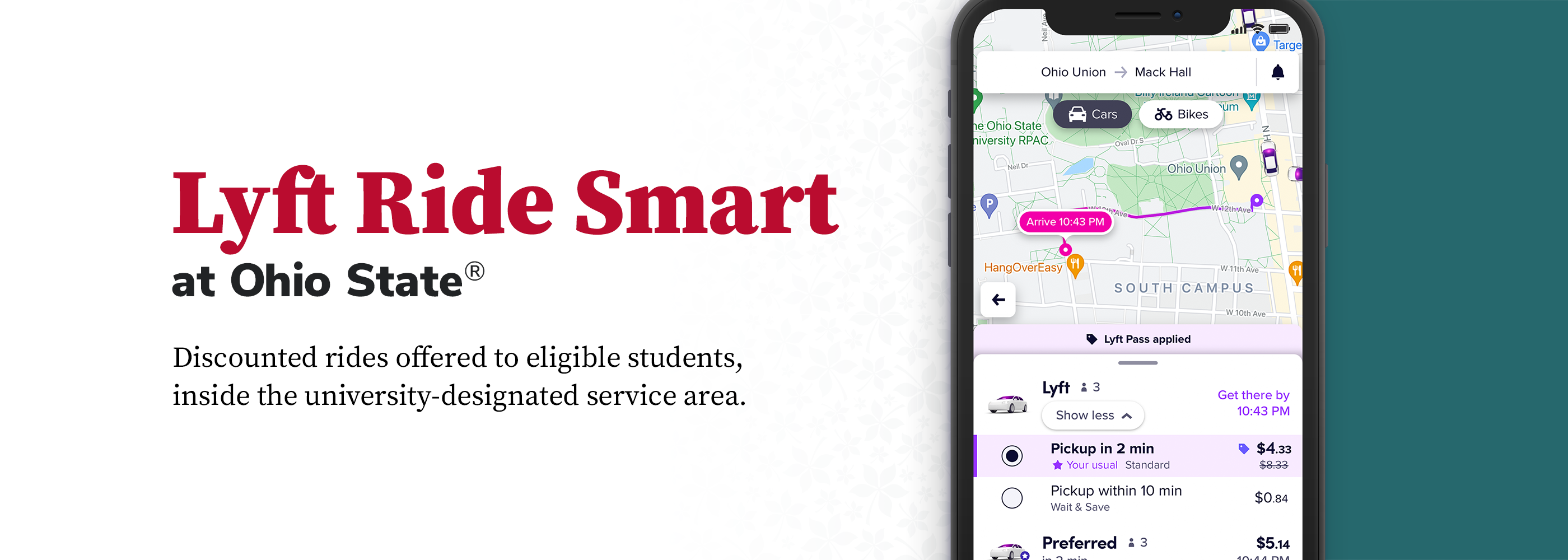 Lyft Ride Smart at Ohio State showcasing an image of the Lyft app on a cell phone