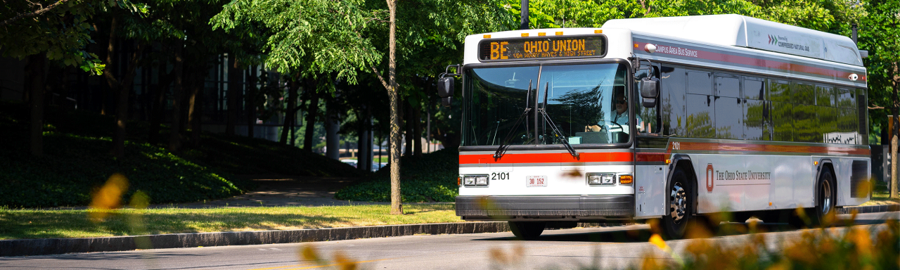 Web banner of a CABS bus with text "Campus Area Bus Service" and the Ohio State App icon