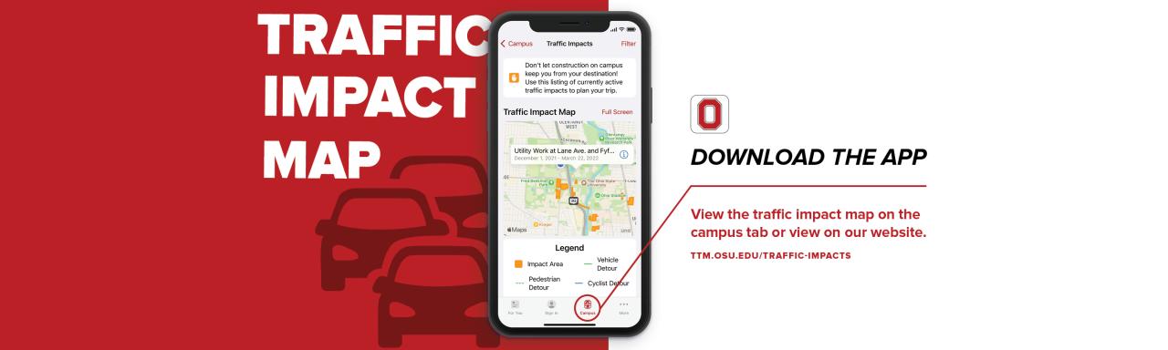 Graphic of Ohio State app and traffic impact map