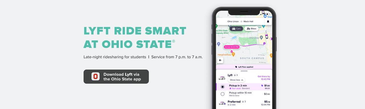 Lyft Ride Smart at Ohio State text next to an image of a mobile device displaying the app