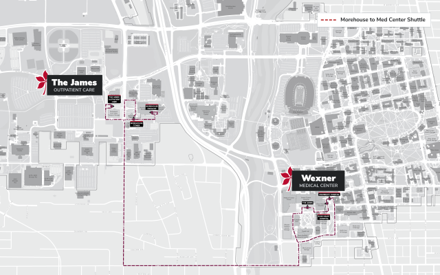 Campus map showing CABS route from The James Outpatient Center to the Wexner Medical Center