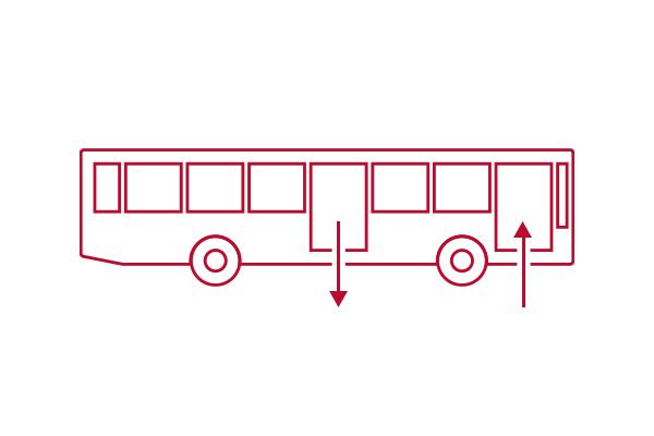 CABS bus with directional arrows illustrating that you should board the bus in the front and depart in the rear