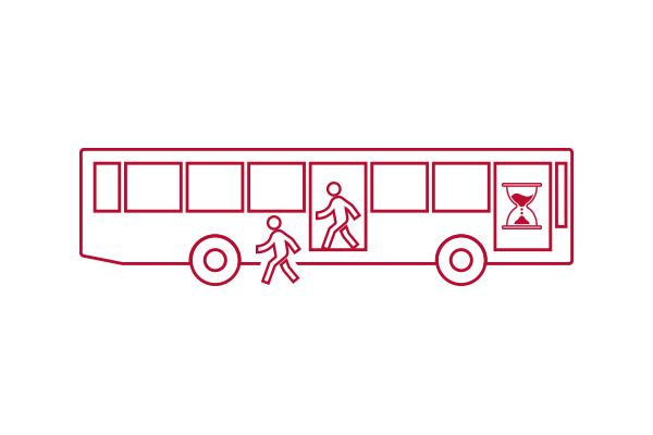 bus with hourglass in front indicating riders should wait to enter until other passengers have left