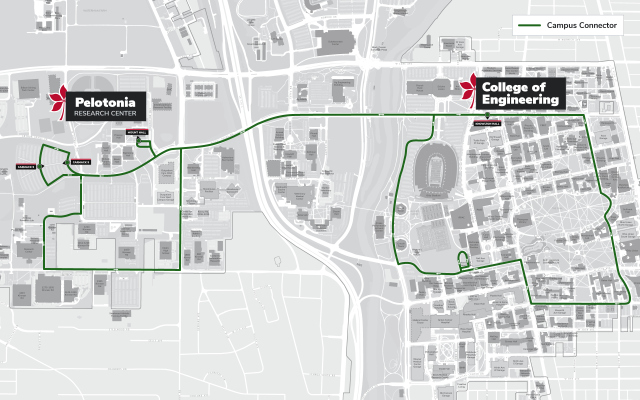 Map of bus route from the Pelotonia Research Center to the College of Engineering
