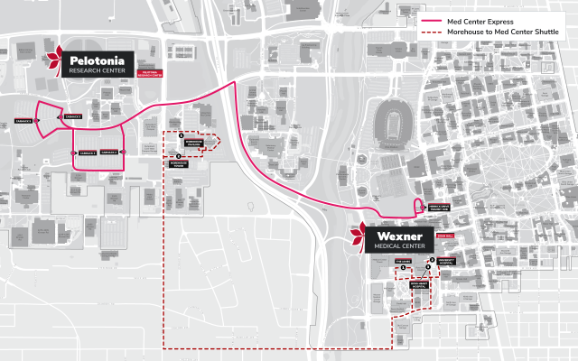 Map showing bus route from Pelotonia Research Center to Wexner Medical center